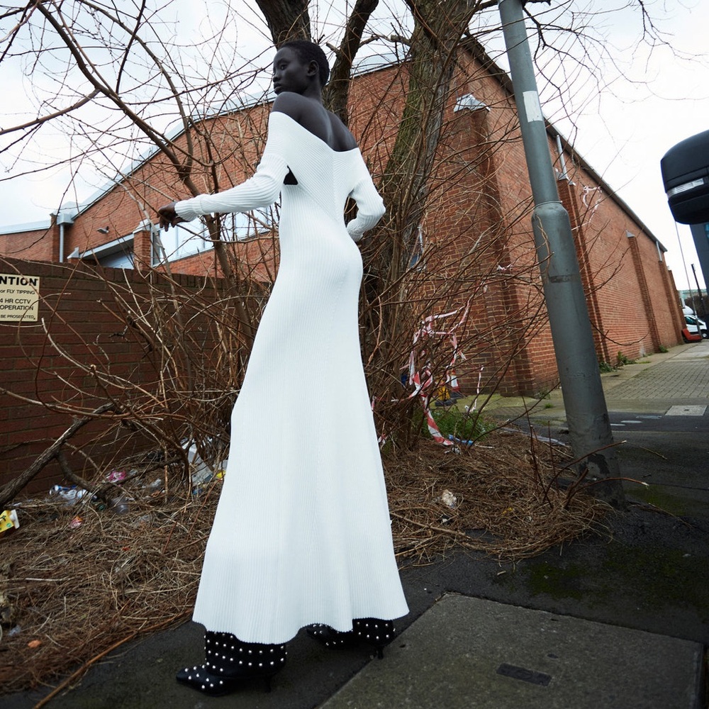 A.W.A.K.E. MODE White Knit Maxi Off Shoulder Dress